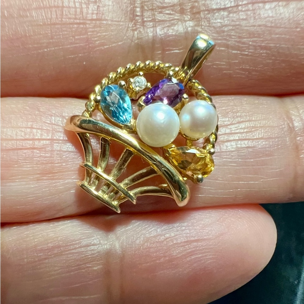 Basket of gemstones pendant, 14k gold, pre-owned.